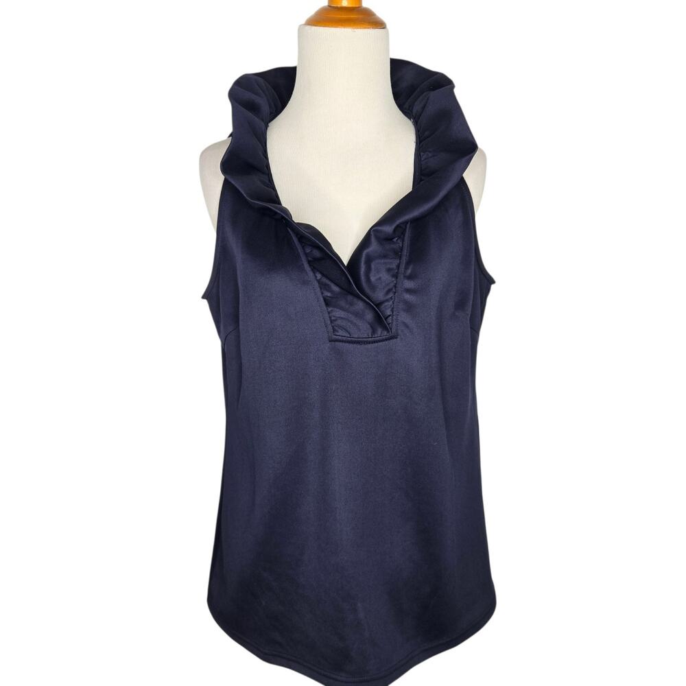 Gretchen Scott Womens Statement Blouse Ruffle Neck Navy Separates Stretch Medium